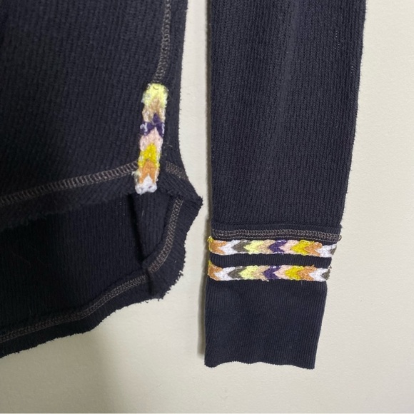 Free People Black Rainbow Thermal Waffle Knit Embroidered Henley Top Size Small - Picture 8 of 12